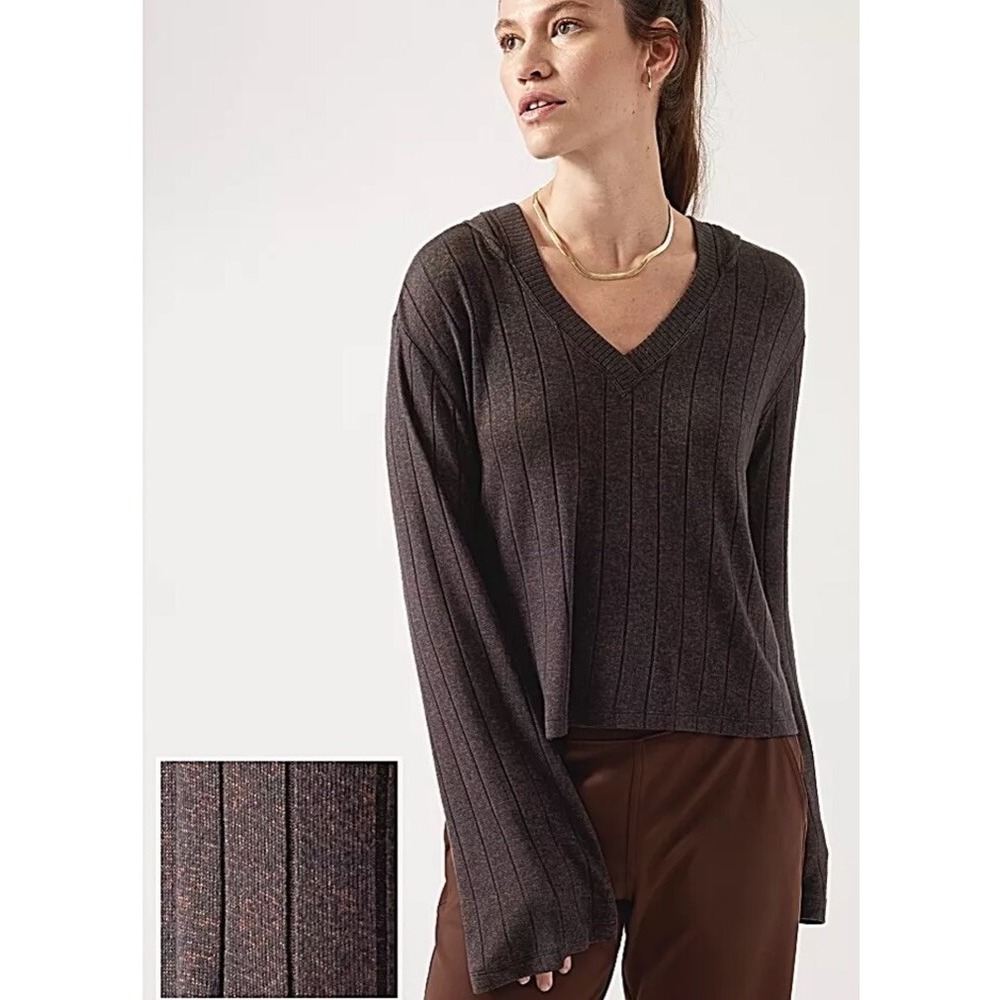 Athleta Harmony Pose Hoodie Womens Medium Brown Ribbed V-Neck Pullover Sweater